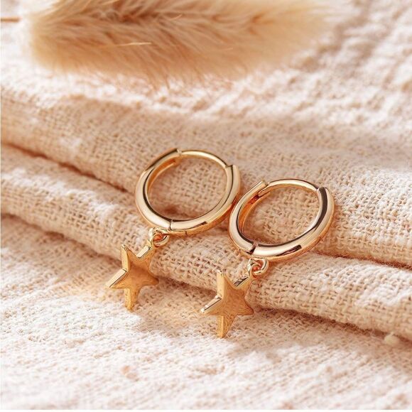 Gold 14k Gold Plated Star Hoop Earrings - Picture 2 of 3